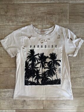 Messy Bun Just Chillin Palm-Print Distressed Tee - Cream /Black